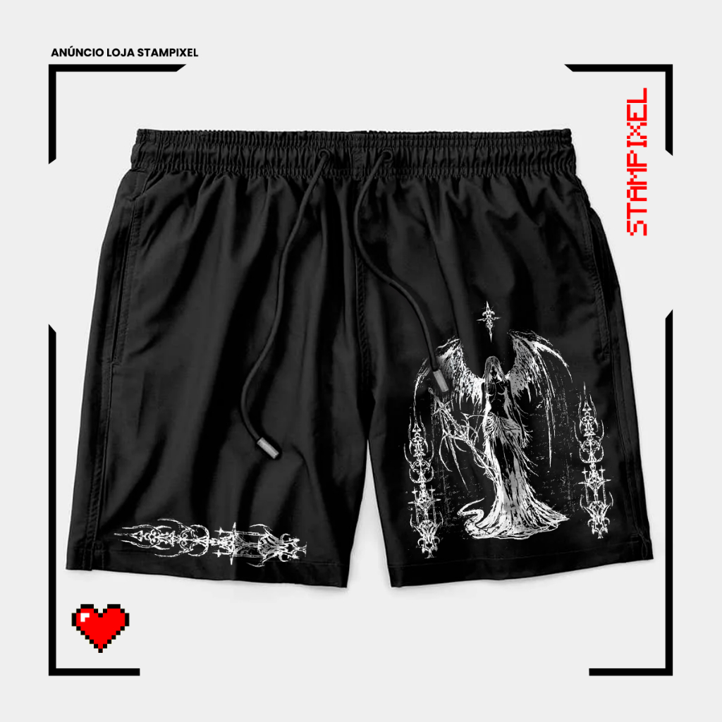 Bermuda Tactel Cyber Tribal Anjo Asas Espada Símbolos Short Dark Confortável Com Elastano P' Lazer Treino Esportes Praia