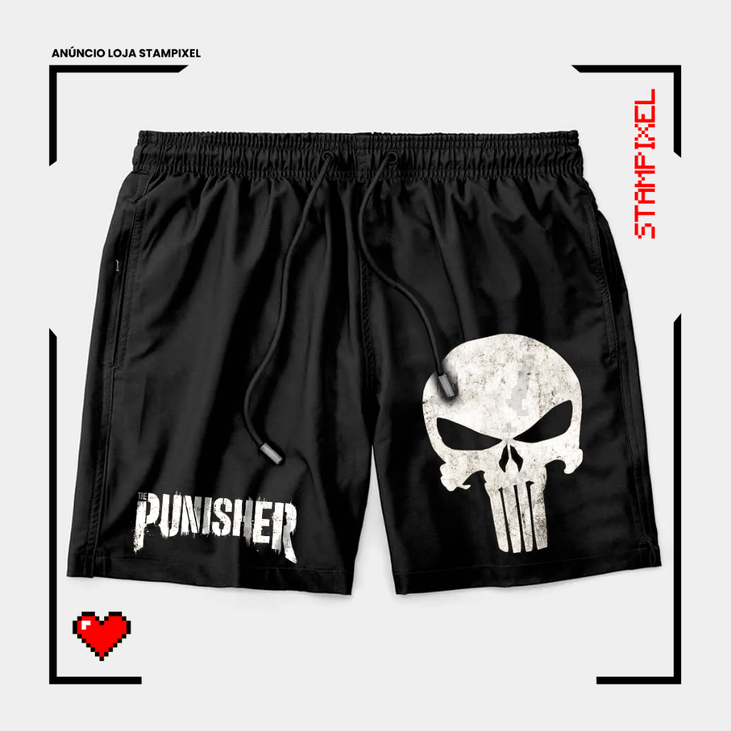 Bermuda Tactel The Punisher Skull Caveira O Justiceiro Short Confortável Com Elastano Ideal Lazer Treino Esportes Praia