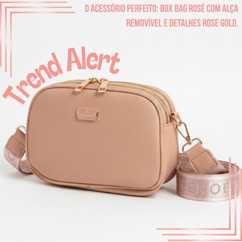 Bolsa Lateral Feminina Rose Gold com Alça de Gorgurão Estampada e Zíper Duplo