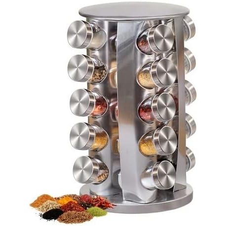 Porta Tempero Condimento Inox 20 Potes Redondo + Suporte Giratório Com Etiquetas