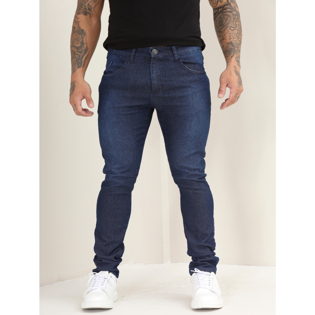 Calça Jeans Masculina Slim Básica Lisa com Lycra Lavagem Escuro A-140