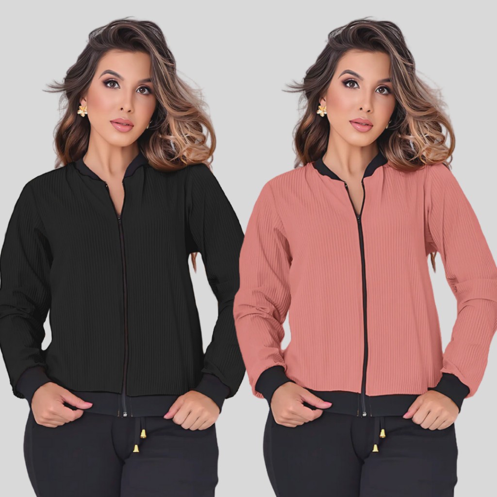 Kit Com 2 Jaqueta  Bomber Feminina Casual Com Zíper Blusa De Frio Manga Longa Malha Canelada em Oferta na Shopee