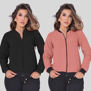 Kit Com 2 Jaqueta  Bomber Feminina Casual Com Zíper Blusa De Frio Manga Longa Malha Canelada em Oferta na Shopee