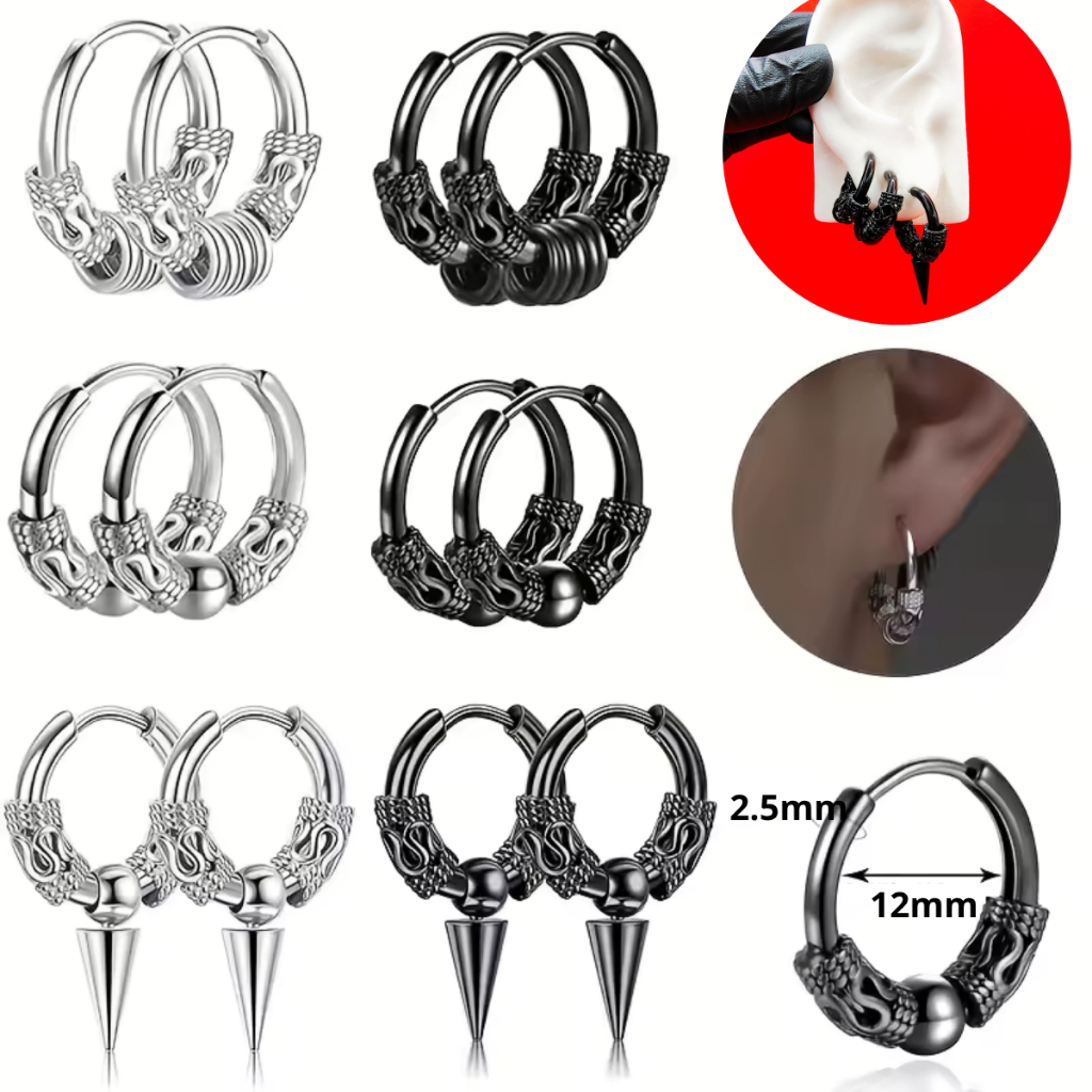 Par de Brincos Masculinos Argola tipo Click Spikes Aço Inoxidável Moda Punk