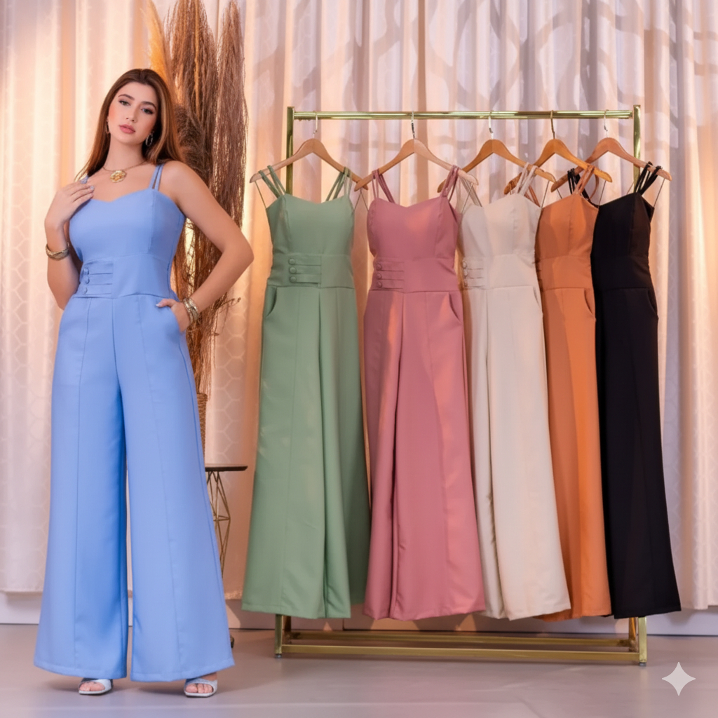 Macacão Pantalona Feminino Alfaiataria Alça Fina Elegante com Botões na Frente