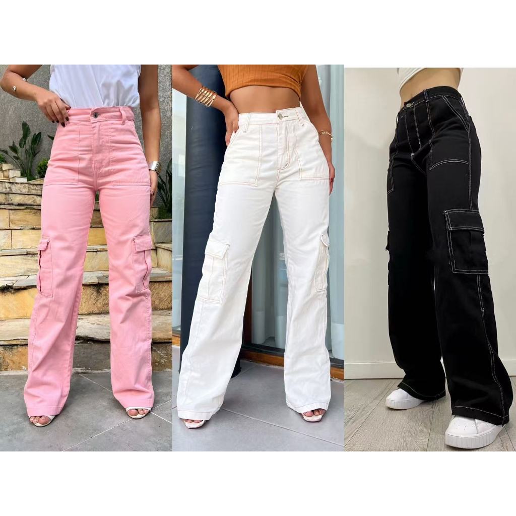 Calça Cargo Calça Jeans wide leg Feminina Moda Street Tecido Algodão Premium em Oferta na Shopee