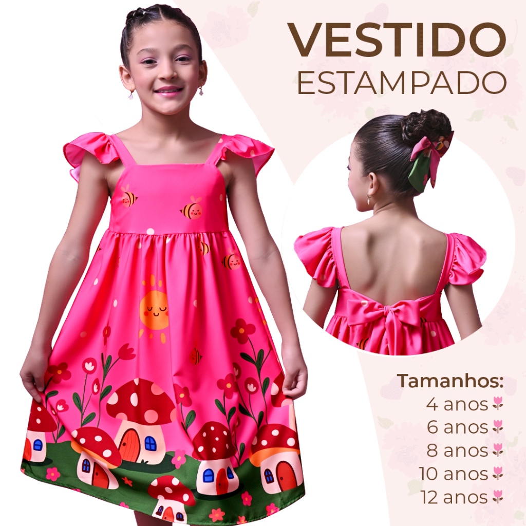 Vestido Infantil Menina Estampado Casual Festa Luxo Confortável Manga Curta Roupa Infantil 4 a 12 Anos