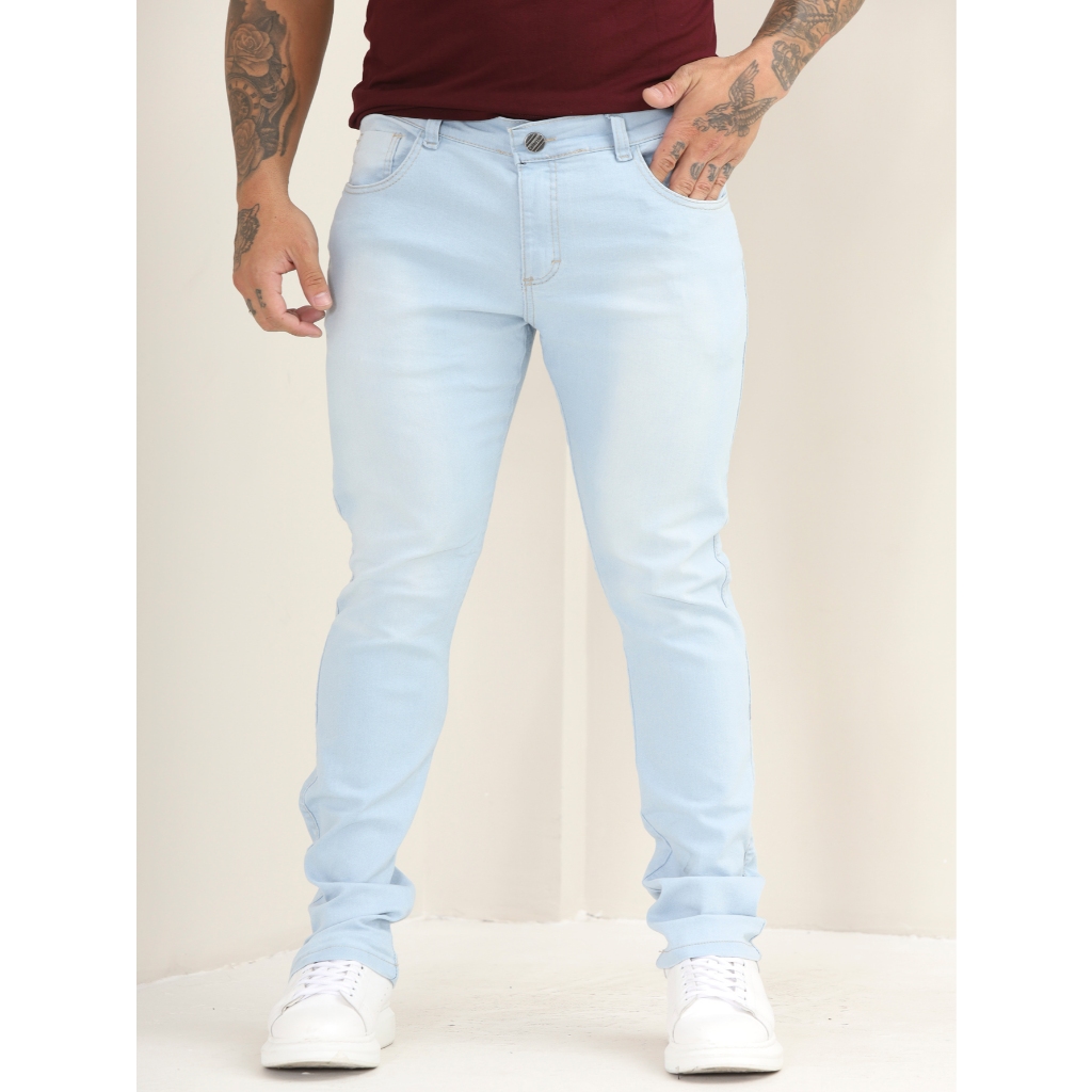Calça Jeans Masculina Slim Básica Lisa com Lycra Lavagem Clara A- 110