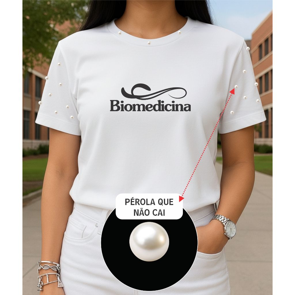 camiseta feminina biomedicina com pedraria brilho biomedicina blusa biomedicina profissões COM PÉROLAS algodão