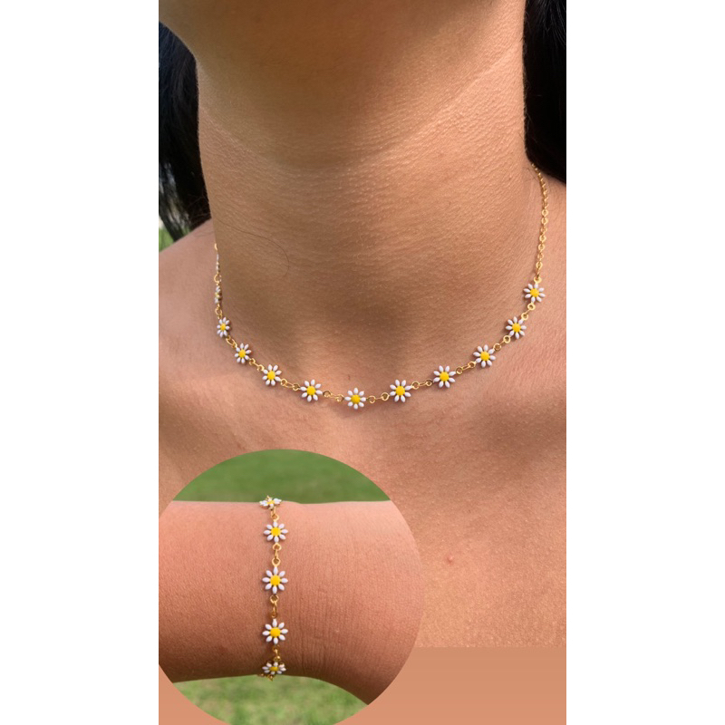 Conjunto Colar e Pulseira Margarida Florzinha Super Delicado Feminino Minimalista Barato em Oferta na Shopee
