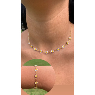 Conjunto Colar e Pulseira Margarida Florzinha Super Delicado Feminino Minimalista Barato em Oferta na Shopee