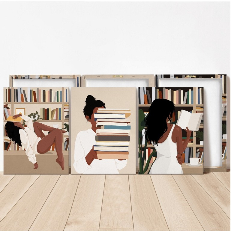 Quadros decorativos Mulher Lendo e Estudando com Livros na Estante (3 peças)