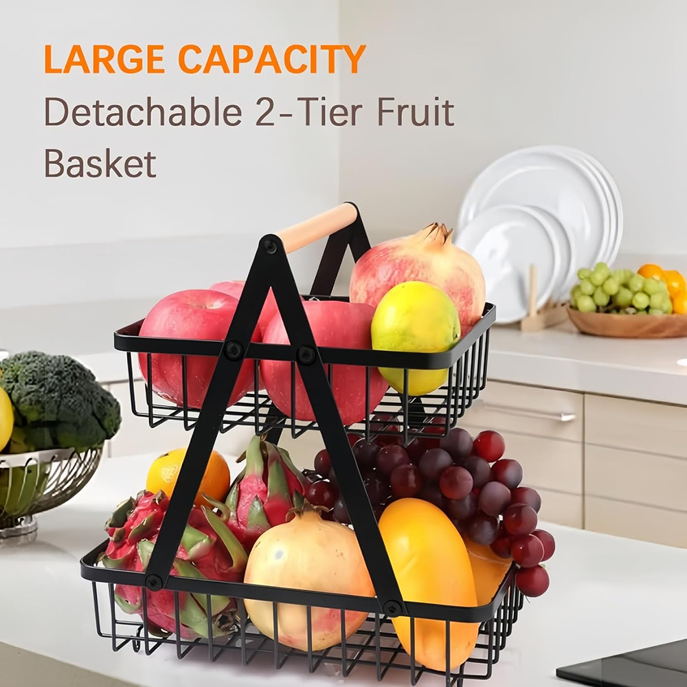 Fruteira de Mesa com 2 Andares Dupla Cesto de Frutas Aramado Metal Organizador Frutas Legumes