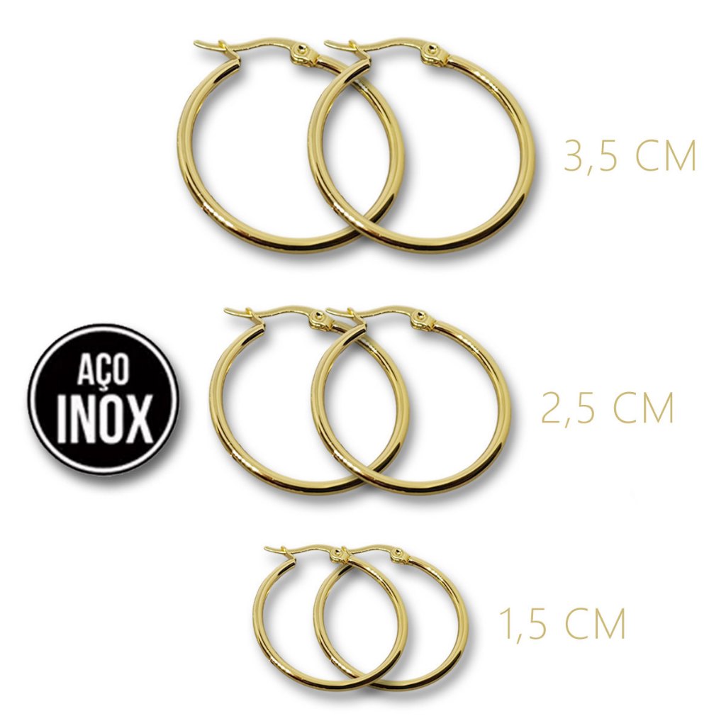 Kit 3 Pares Trio de Brincos Argolas Fecho Italiano Aço Douradas Luxo Não Escurecem Festa Dia a Dia em Oferta na Shopee