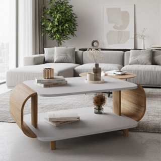 Mesa de Centro Floripa Retangular com Nicho Inferior 90cm - Pés de Madeira Maciça - Cor: Cinamomo/Off-White em Oferta na Shopee