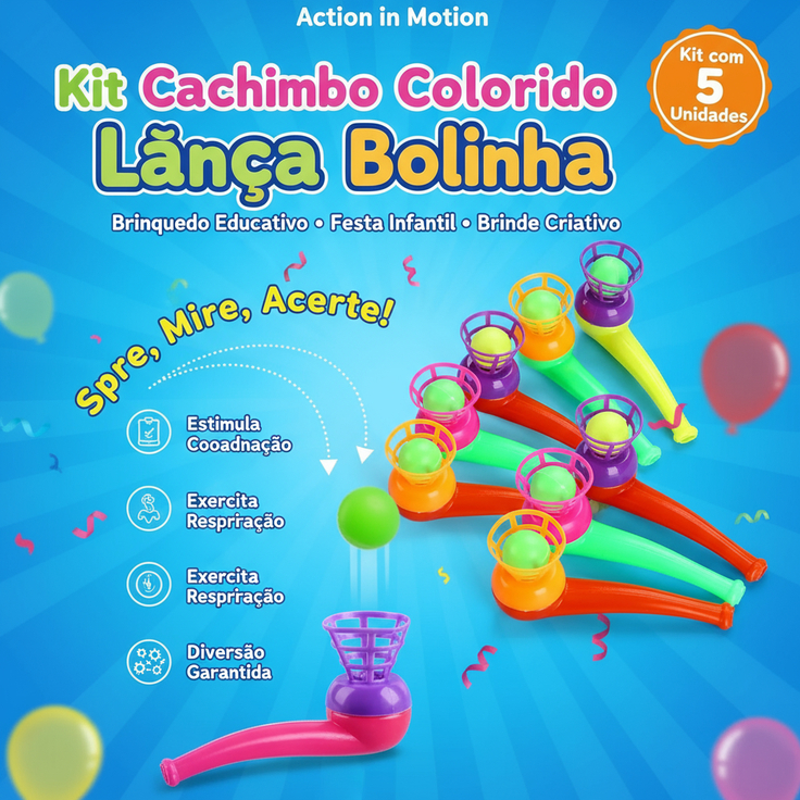 Kit 75 Cachimbos Coloridos Lança Bolinha - Brinquedo Educativo e Divertido