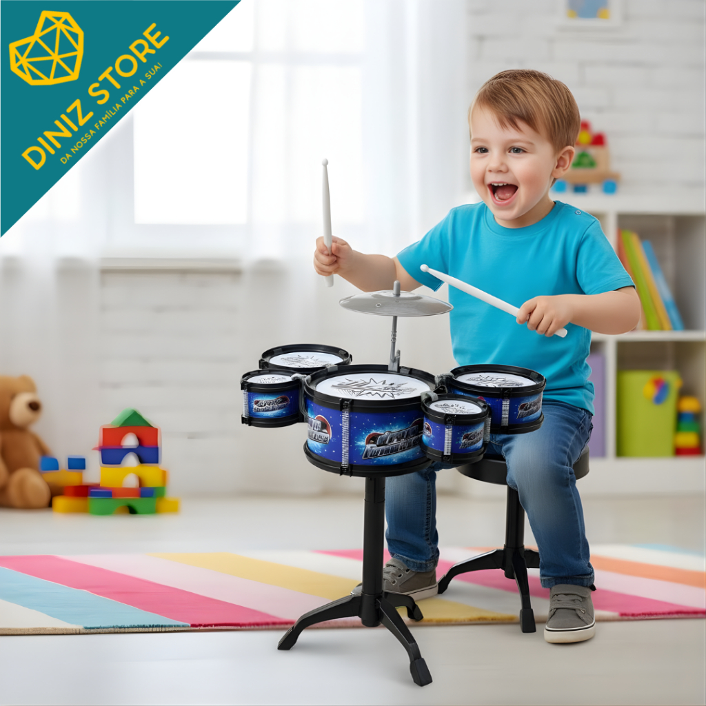 Mini Bateria Infantil Brinquedo Percussao 5 Tambores Coloridos Musical