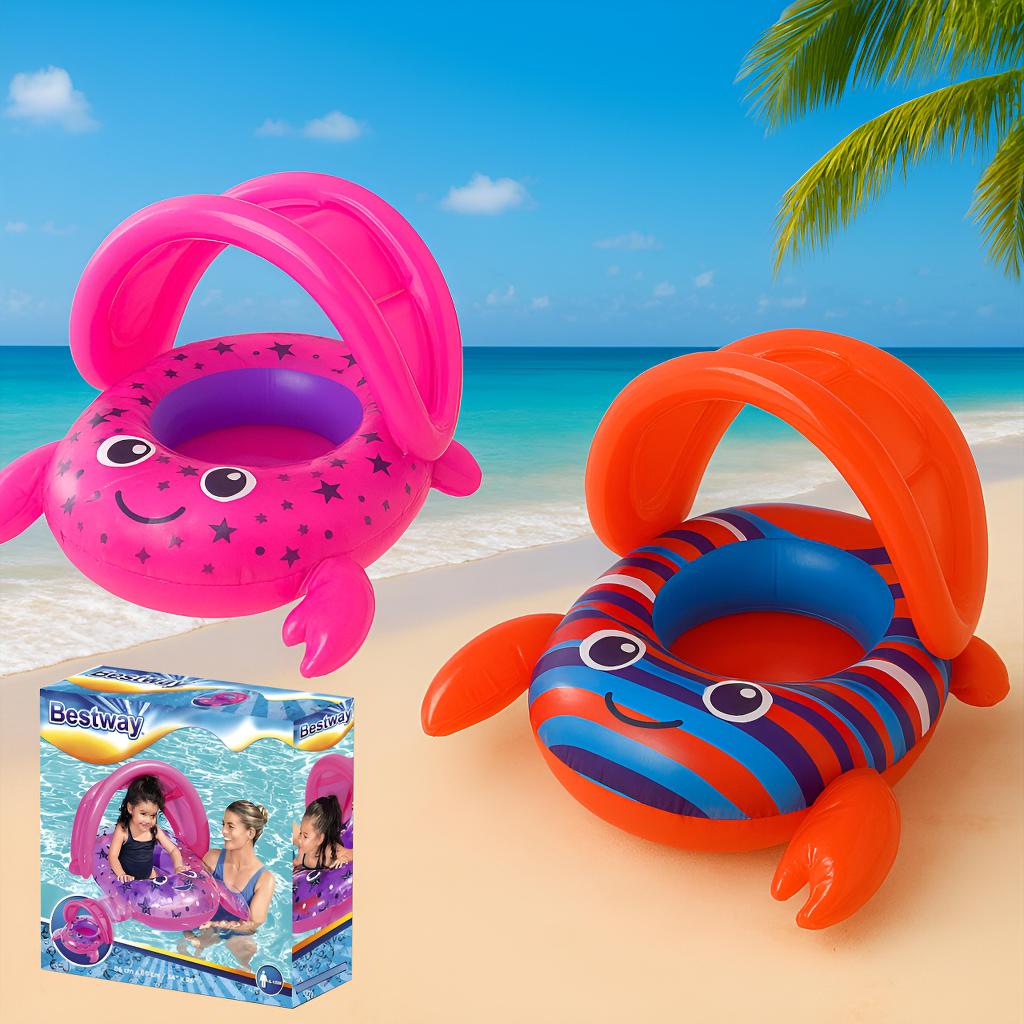 Boia Infantil Caranguejo Bestway Com Toldo Bote Flutuante Bebê Inflável Proteção Solar Piscina Praia