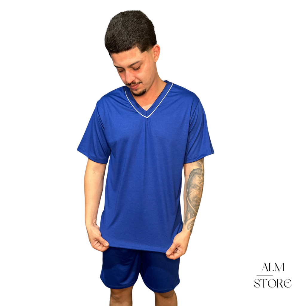 Pijama Masculino Adulto Gola V Manga Curta Shorts Curto Verão