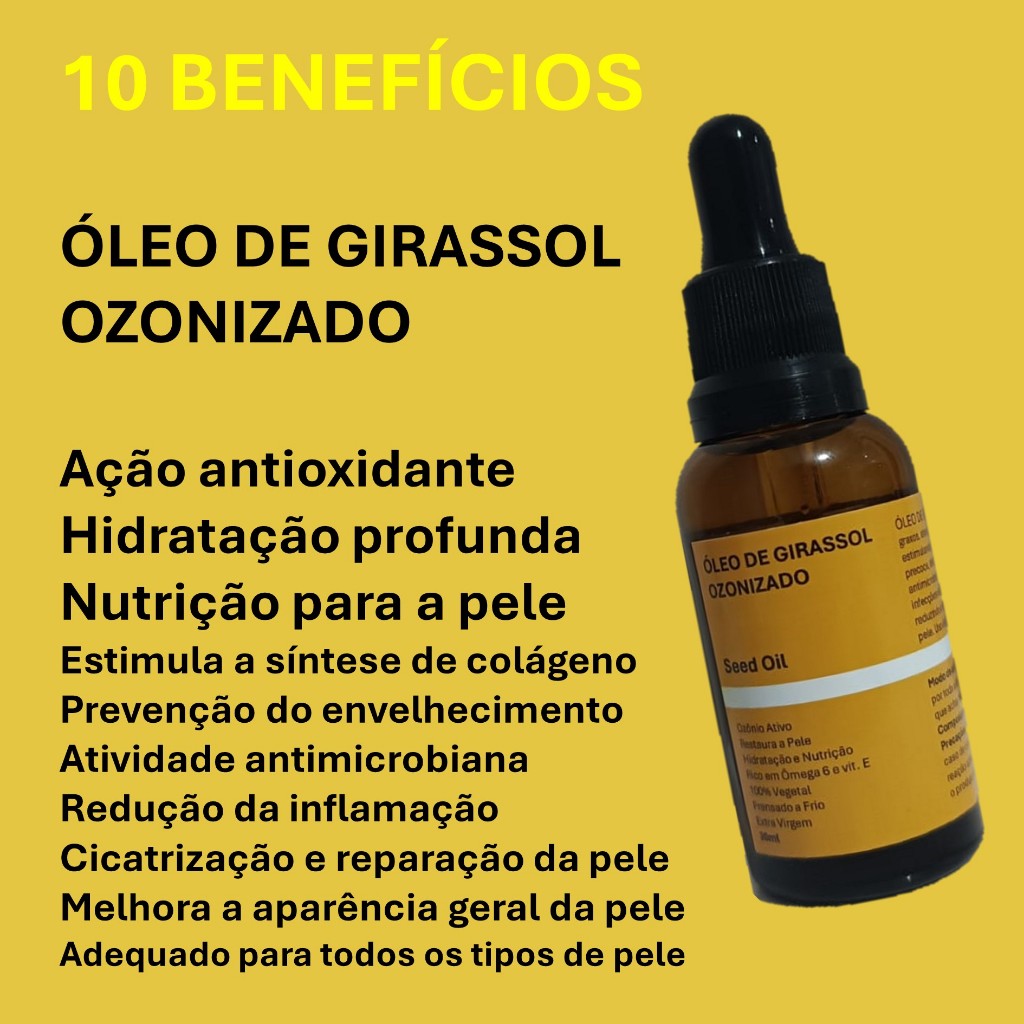 Óleo De Girassol Ozonizado Ozônio Ativo 100% Vegetal Para Manchas Acnes, Cicatriz Anti Estrias 30ml
