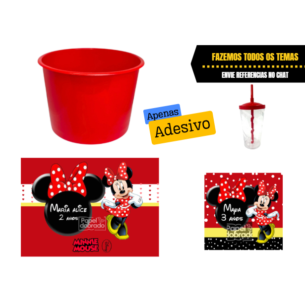 ADESIVO PARA BALDE DE PIPOCA - MINNIE - FAZEMOS QUALQUER TEMA - NÃO ACOMPANHA BALDE