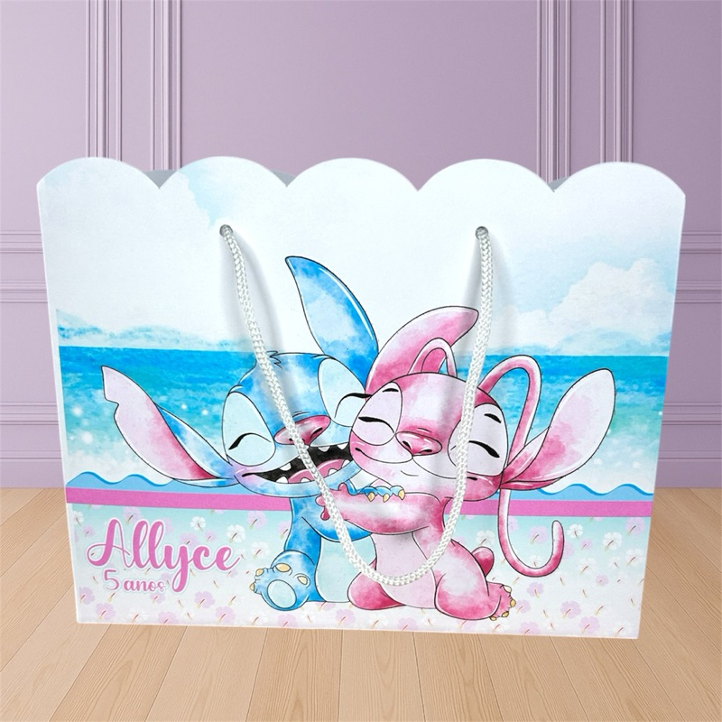 Sacolinha personalizada Stitch e Angel Aquarela (G) 20x16x7 Bolsinha Nuvem Aniversário Infantil Lembrancinha de festa