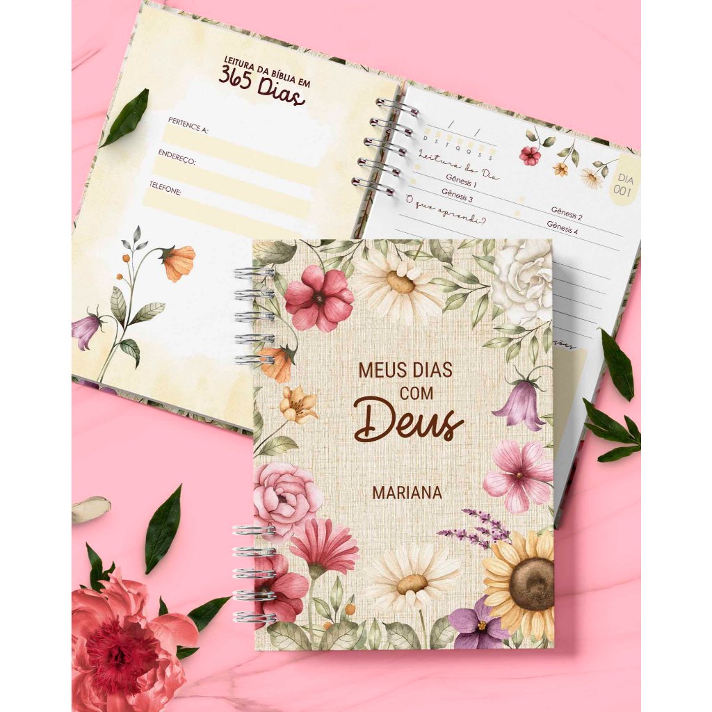 Devocional Personalizado A5 Femnino Floral Capa Dura com Nome - Leitura Bíblica Evangélica e Católica