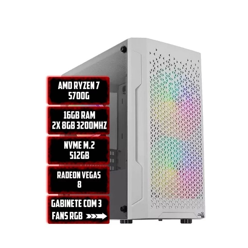 PC Gamer Ryzen 7 5700G 16GB DDR4 SSD NVMe 512GB Vega 8 Ideal para Jogos Médios e Edição de Imagem