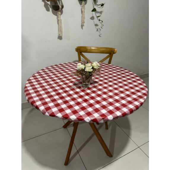 Capa, toalha de mesa TÉRMICA E IMPERMEÁVEL, redonda com elástico.- xadrez vermelho em Oferta na Shopee