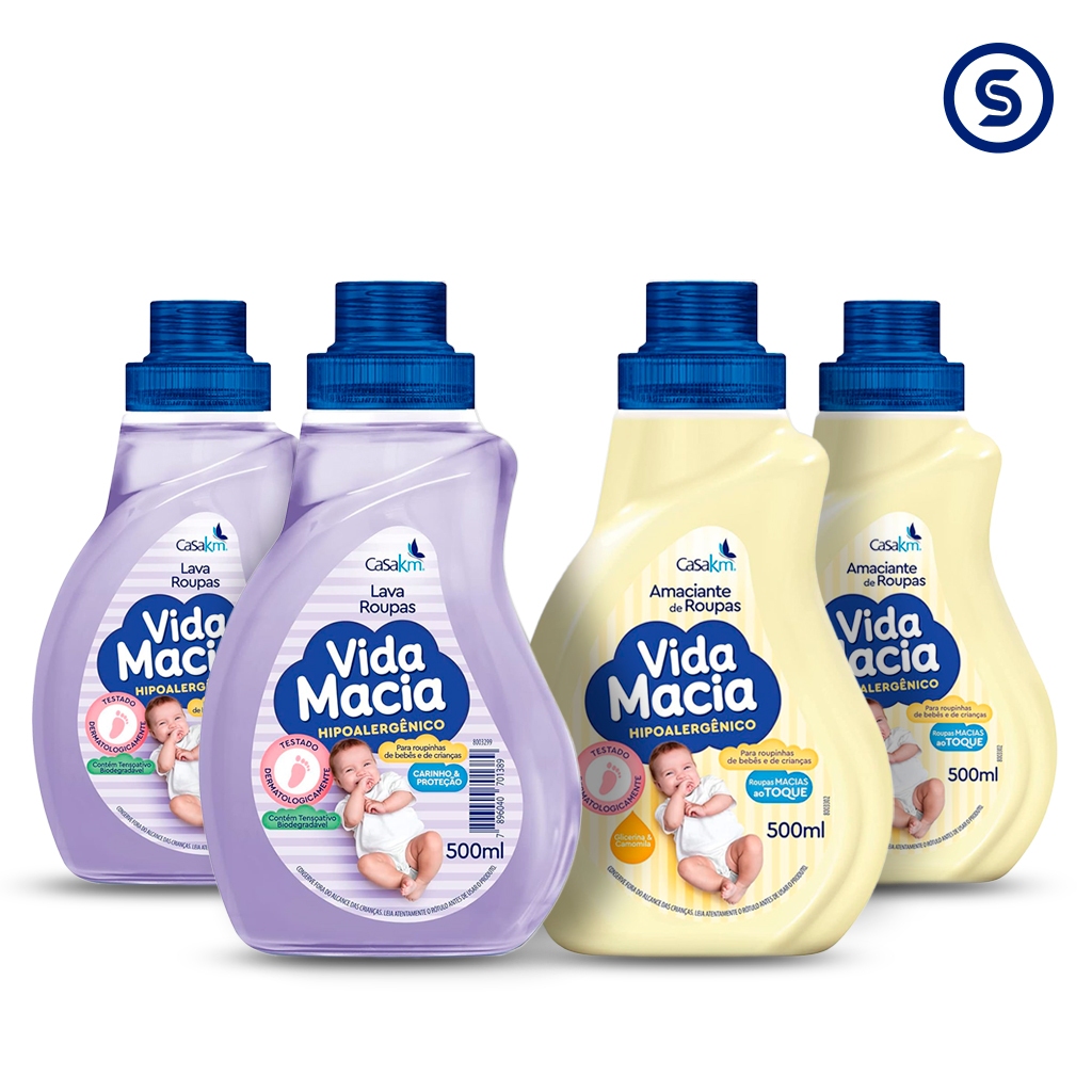 Lava Roupas Líquido Vida Macia Sabão e Amaciante 500ml - KIT