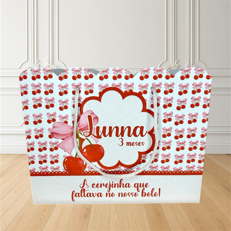 Sacolinha Personalizada Cerejinha Cereja Vermelha  20x16x7 (G) Bolsinha Nuvem aniversário Saquinho surpresa lembrancinha