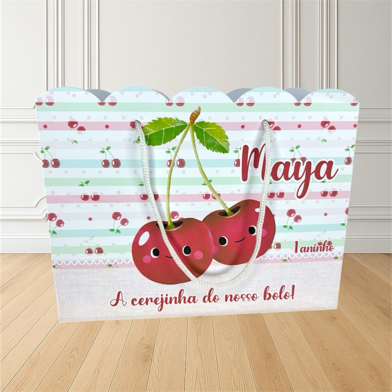 Sacolinha Personalizada Cerejinha Vermelha e Rosa Aquarela 20x16x7 (G) Bolsinha aniversário Sacola surpresa lembrancinha