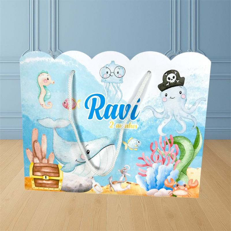 Sacolinha Personalizada Fundo do Mar Aquarela  20x16x7 (G) Bolsinha Nuvem aniversário Saquinho surpresa lembrancinha