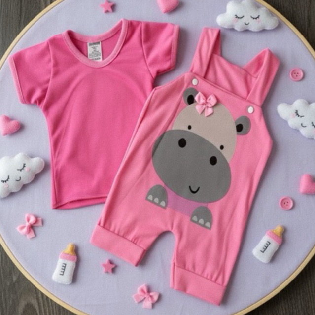 Jardineira macacão romper de bebê menina Hipopotamo pura fofura em Oferta na Shopee