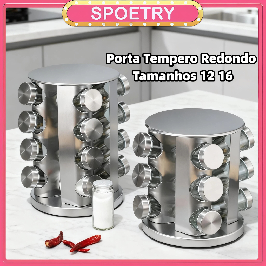 Porta Tempero Redondo Tamanhos 12 16 Inox Potes Frasco Vidro Tampa Inox Rotativo Suporte Para Especiarias