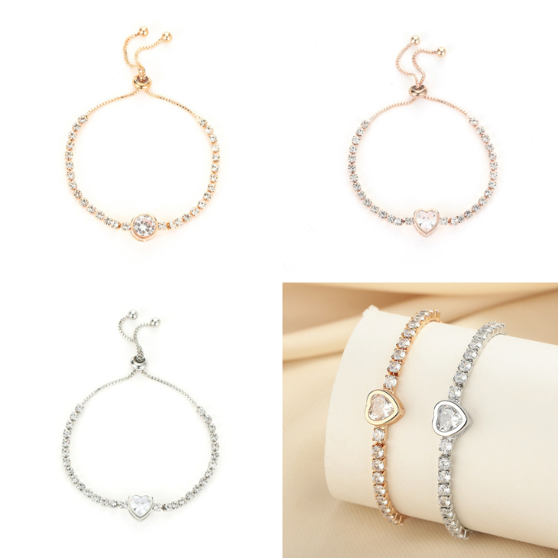 Pulseira de ouro rosa com zircônia e coração, leve e versátil, feminina, de liga metálica e diamantes, para mulheres em Oferta na Shopee