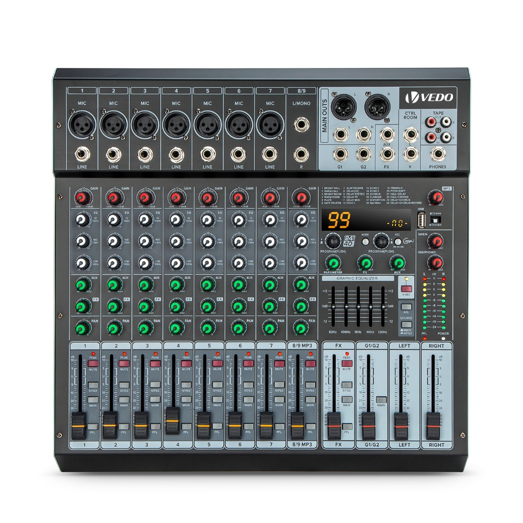 VEDO 9 Canais Mesas De Som 99DSP Bluetooth Mixer De áudio PFL/MUTE/AUX Usb +48V Display Digital e Função De Gravação