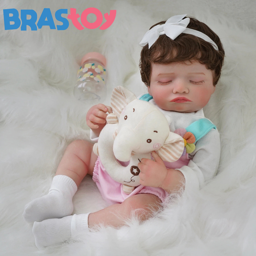 Brastoy Boneca Bebê Reborn Realista Silicone 48cm Menina Cabelos Cacheados