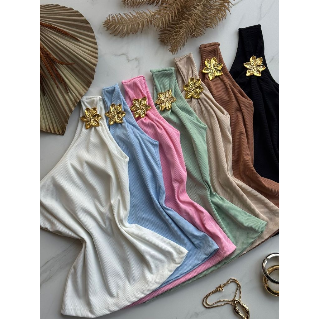 Blusa Ombro só Canelado Fivela Flor Feminina Nula Manga Elegante Tendência Verão Casual Social Moda