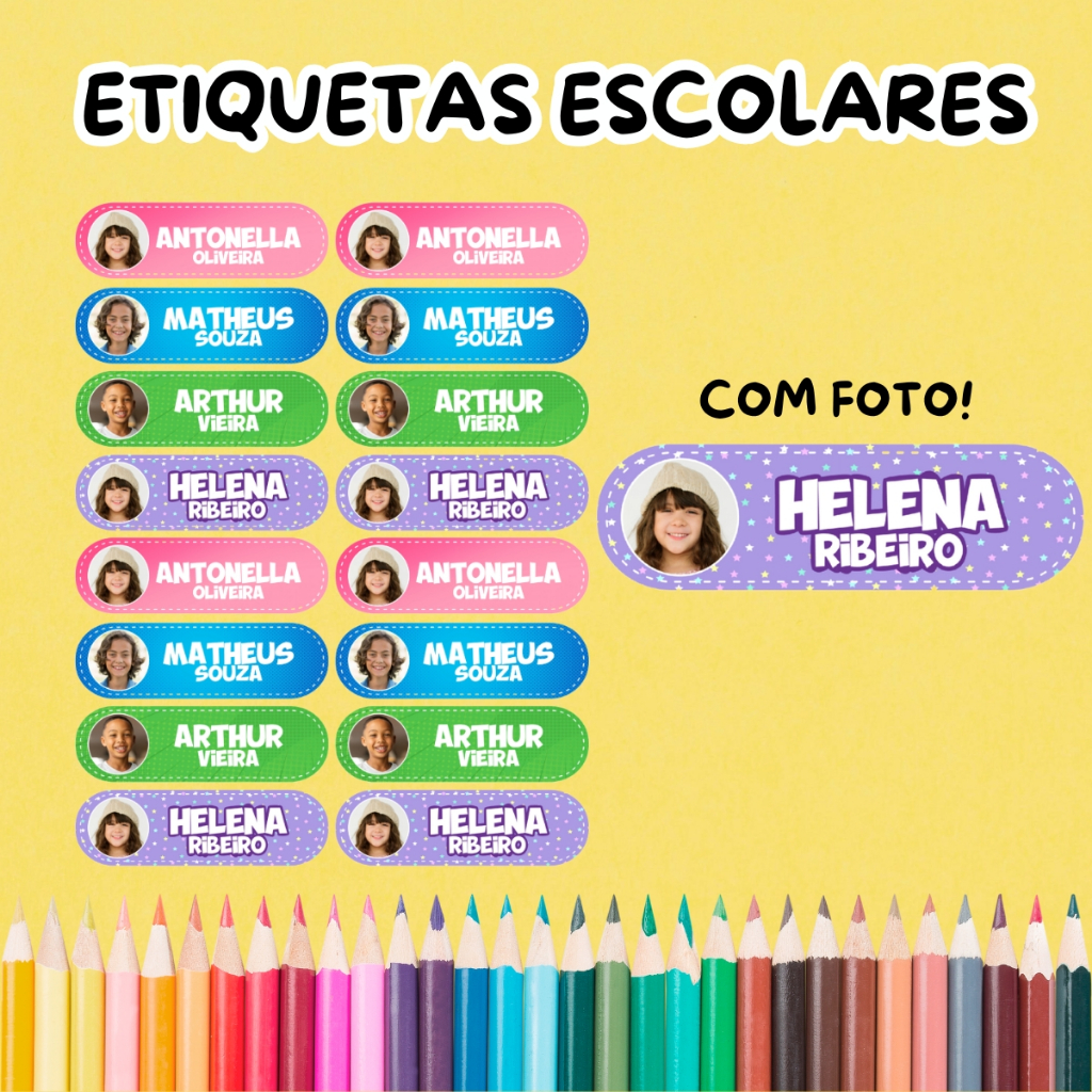 Kit 84 etiquetas com foto da criança para material escolar NÃO SÃO À PROVA D'ÁGUA! e sim resistente à água em Oferta na Shopee