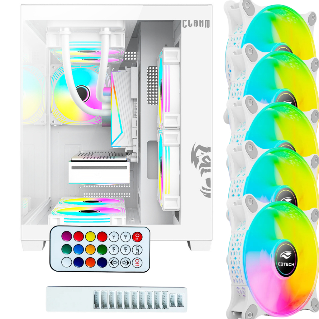 Kit Gabinete Gamer Aquario Branco + 5 fans ARGB + Controladora ARGB