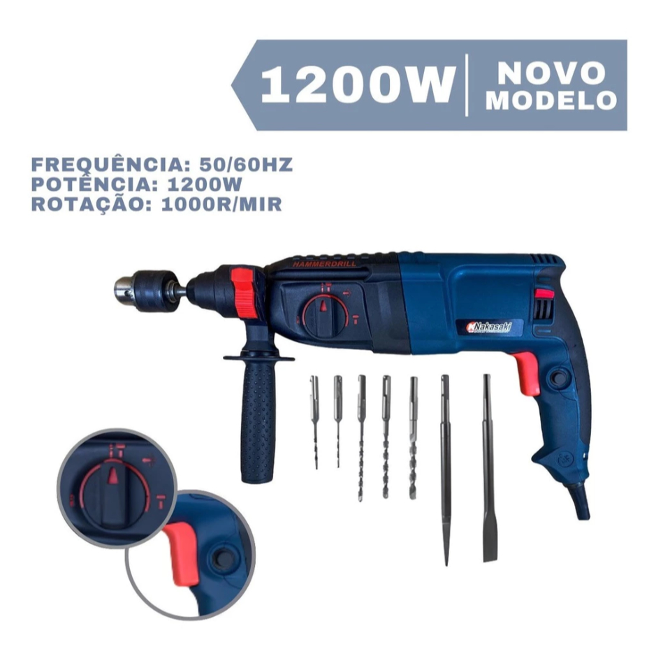 Martelete Rotativo Rompedor Demolidor 1200W Com Maleta e Brocas Ponteira Talhadeira Furadeira