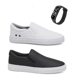 Kit 2 Tênis Sapatênis Iate Hype Shoes Com Ilhós - Branco/Preto - Unissex + Relógio