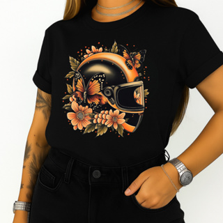 Camiseta T-Shirt Feminina Motoqueira Capacete Borboletas Flores Moto PLus Size em Oferta na Shopee