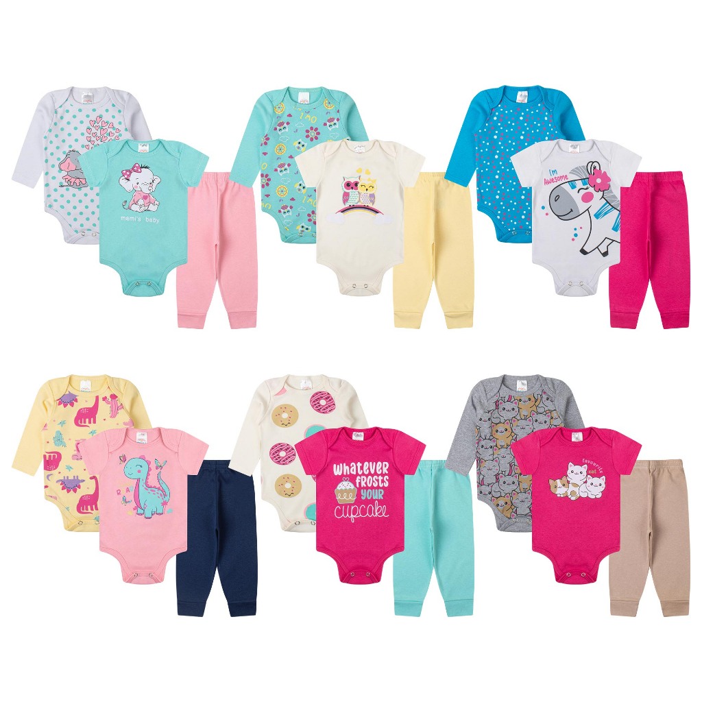 Kit 12 peças roupa de bebê menina Body manga curta longa e calça em Oferta na Shopee