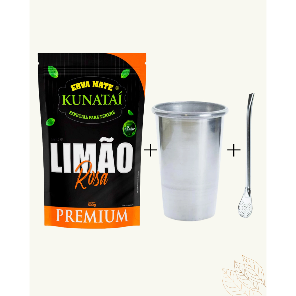 Kit Erva-mate Tereré Limão Rosa I Kunataí Premium 500g + Copo com tampa + Bomba