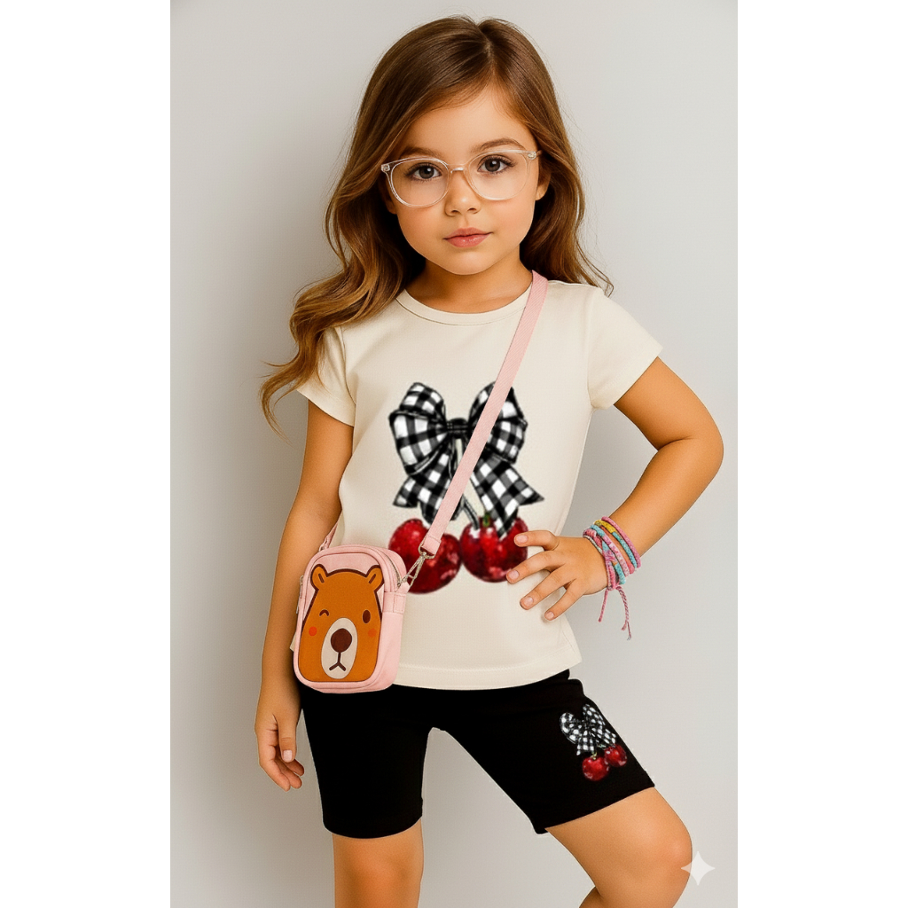 CONJUNTO INFANTIL BERMUDA CICLISTA+CAMISETA BATINHA ESTILOS CEREJA LAÇO