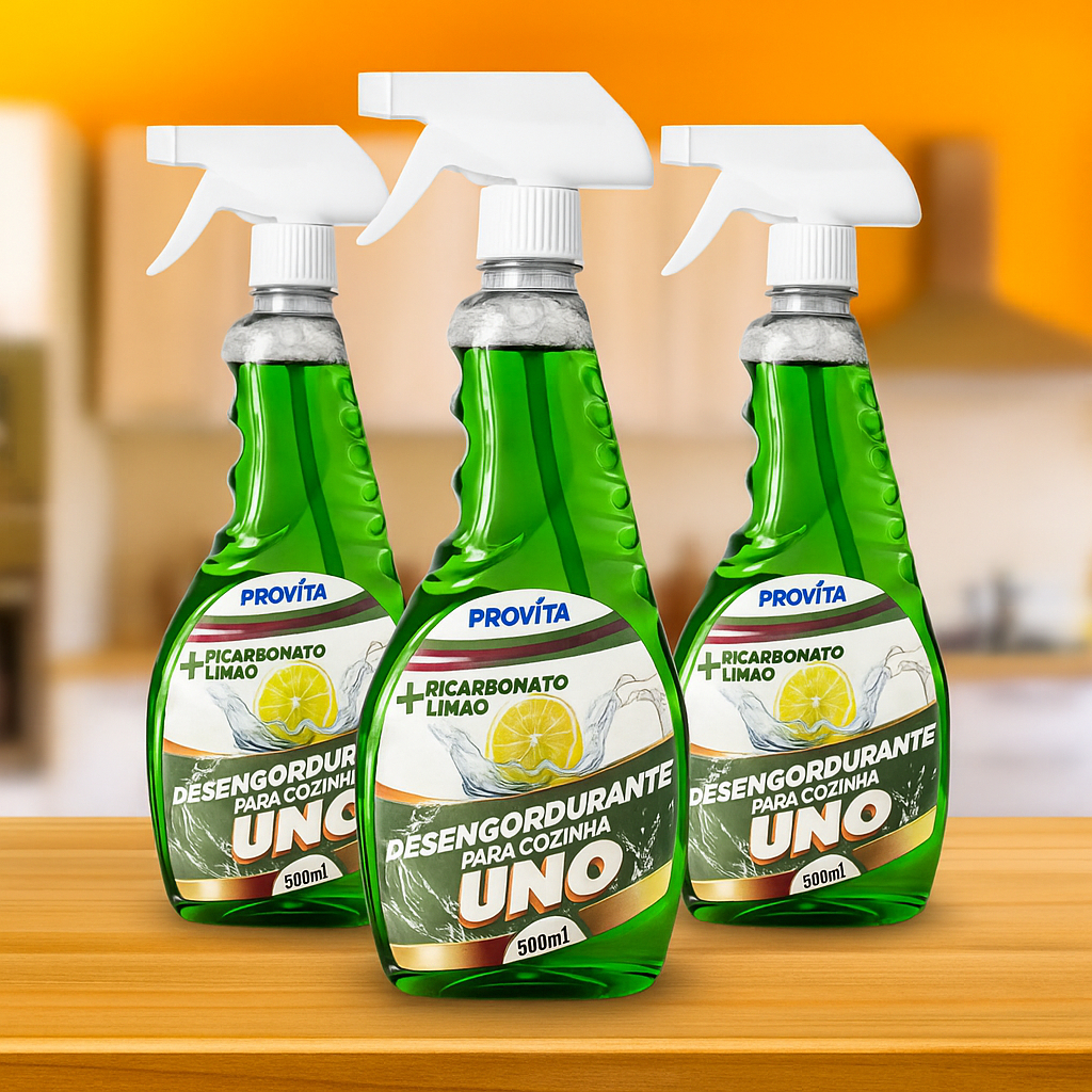 Kit 3 Desengordurantes Cozinha Fogão Coifa Limpeza Profissional Uno Provita 500ml Bicarbonato Limão