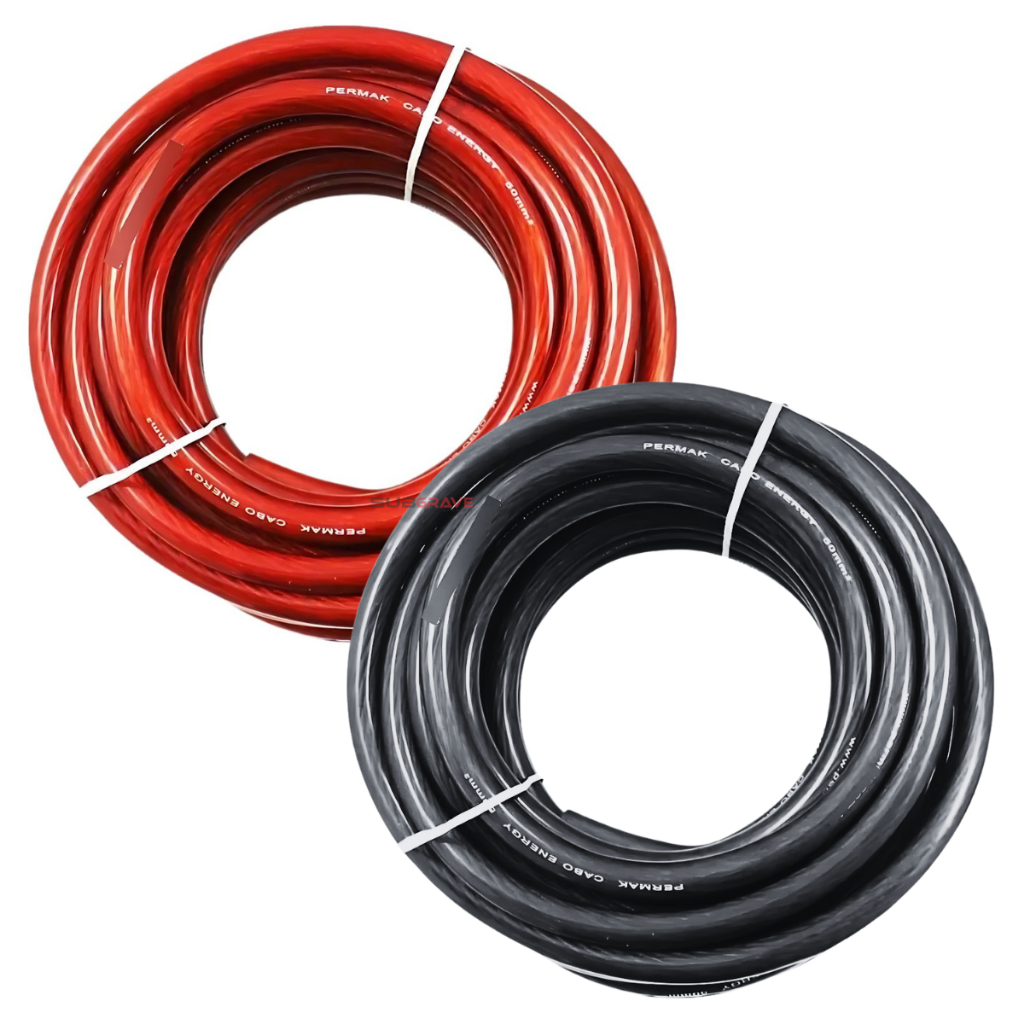 Kit 2m Preto + 2m Vermelho Cabo Alimentação Automotivo Som 50mm 100% Cobre
