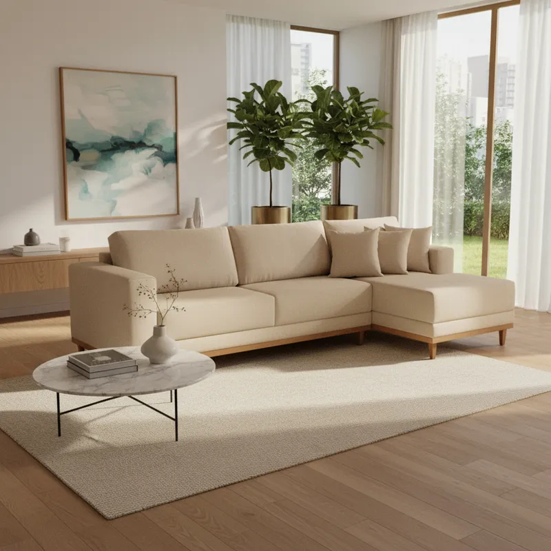 Sofá 4 Lugares Fixo De Linho Com Chaise 2,5M Cronos Com Molas Lado Direito Com 3 Almofadas Meu Sofá Online